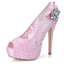 Frauen-absatzschuhe rosa weiß durchsichtig perspektive spitze hochzeit prom cocktail plattform pumpen mit kristallen offene spitze