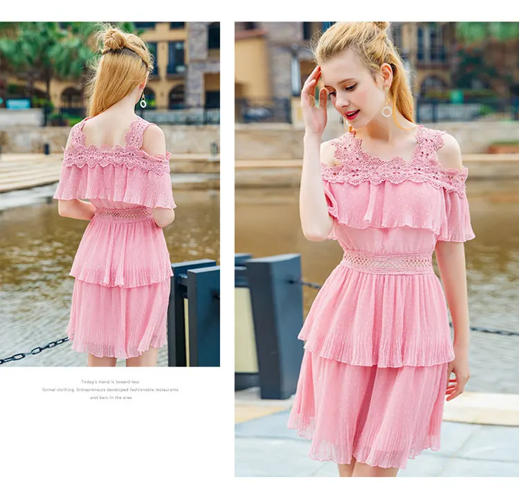 2018 Summer Dress Women Fashion Chiffon Ruffle Dresses Pink Lace Patchwork Vestidos Mujer Print Off Shoulder Dress Robe Femme (6)