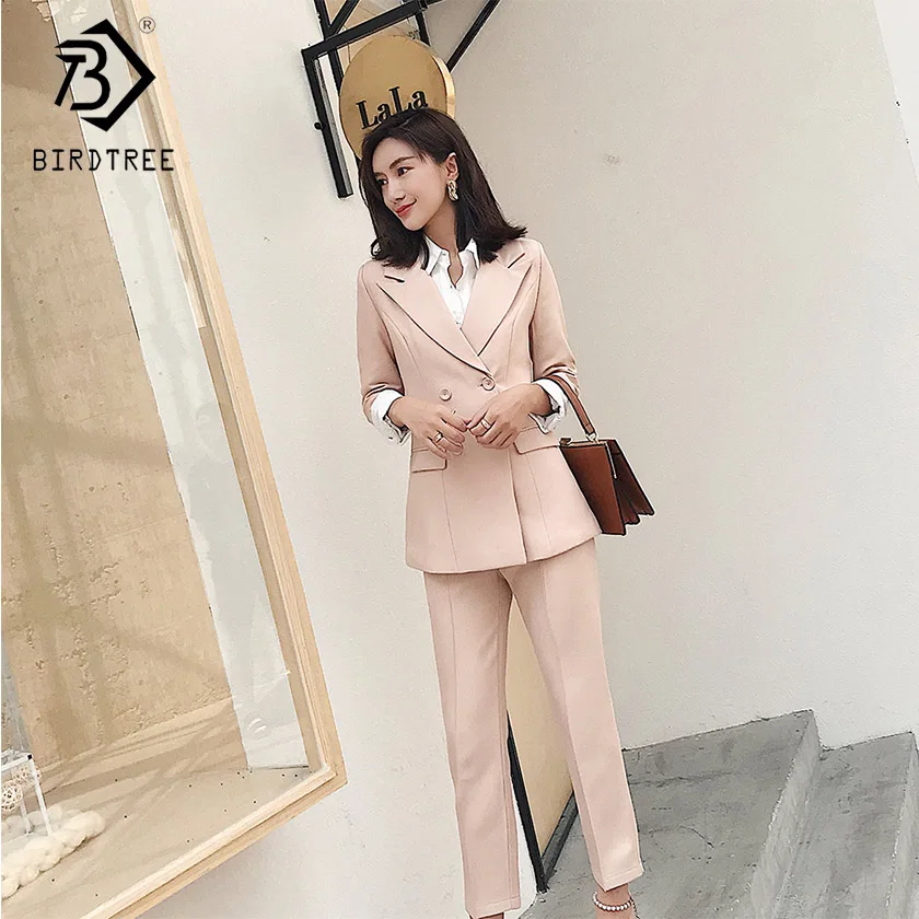 Women's Solid Pant Suits Long Sleeve Double Breasted Notched Top Zipper