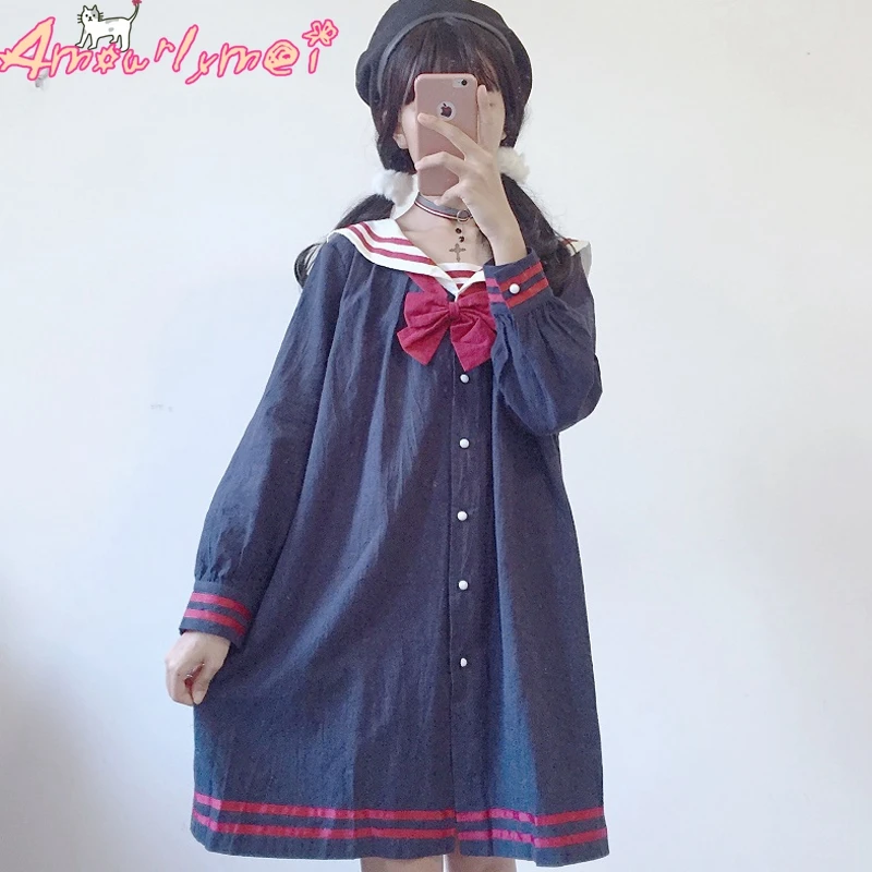 

Japanese Sailor Collar Long Sleeve Loose Preppy Style Lolita Cute Casual Dress Mori Girl Spring New JK College Uniform Vestidos