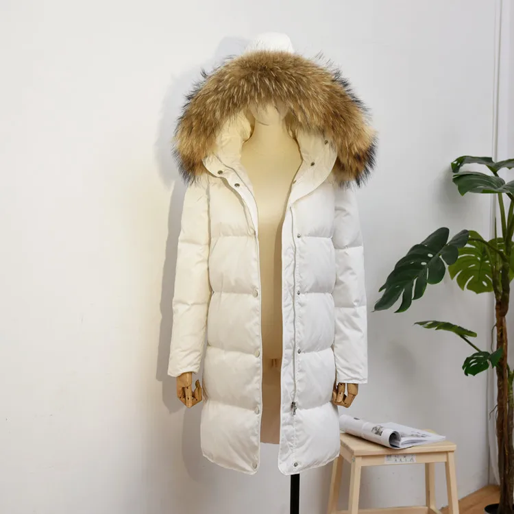 Женская зимняя куртка, 90%, белый утиный пух, пальто, парка, натуральный мех, воротник, утолщенный, с капюшоном, пуховик, женский, средней длины, пальто