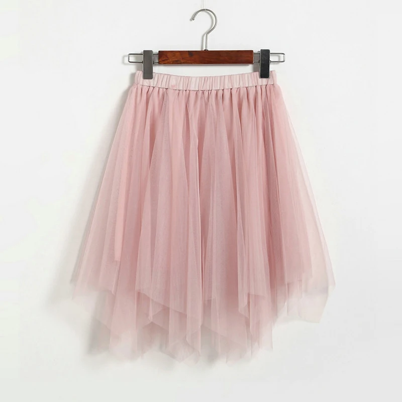 3 слоя эластичной резинкой на Высокая Талия короткий розовый Тюлевая юбка Для женщин АСИММЕТРИЧНЫМ ПОДОЛОМ сетки юбка-пачка Для летних вечеринок женская юбка faldas