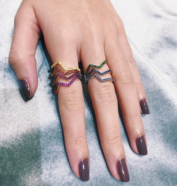 

5 Colors Rainbow Stone Ring For Women Cool Fashion Colorful wave shape AAA Zircon red blue green CZ Bague Femme delicate Jewelry