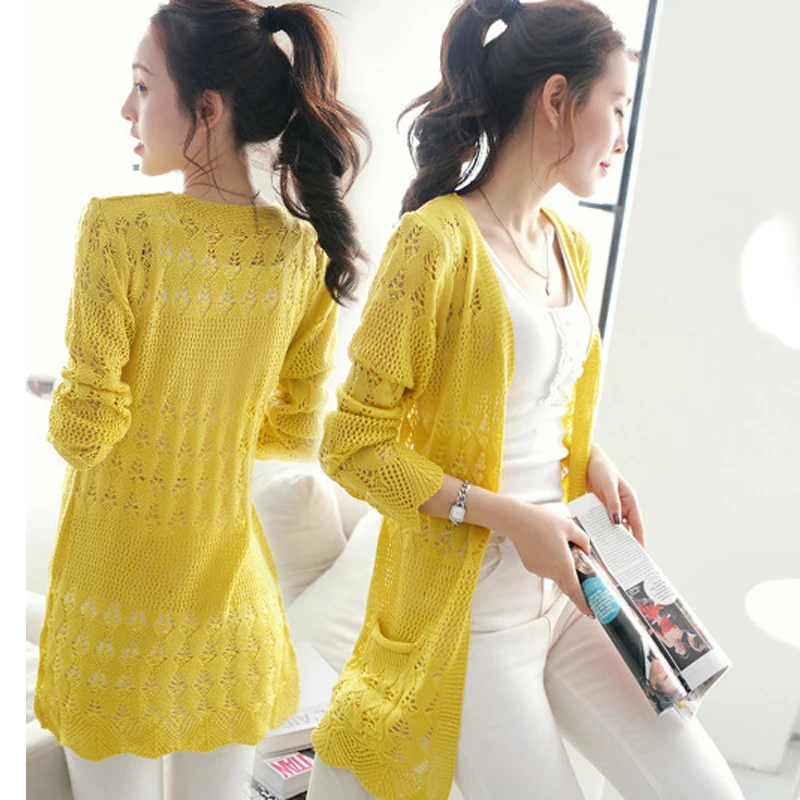 

2019 autumn new sweater coat Korean version of the large size women's long section hollow sweater women's sunscreen cardigan