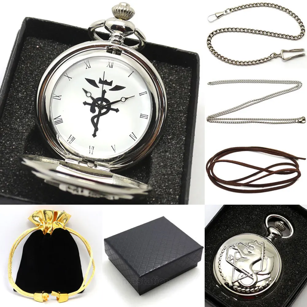 Silver Fullmetal Alchemist Pocket Watch Men Vintage Quartz Watches Necklace Chain Bag Box Gift Set P421CKWB | Наручные часы