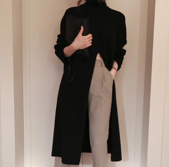 Winter New Loose high Collar Long Dress Sweater Slit Long Sleeve Cotton Casual Dresses Female Solid Color Turtleneck