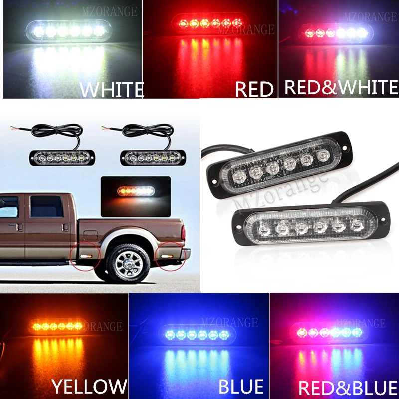 

2x6 12 LED Super Bright White&Amber Warning Light Car Truck Van Side Strobe Light Red Blue Ambulance Strobe Emergency Light 2pcs