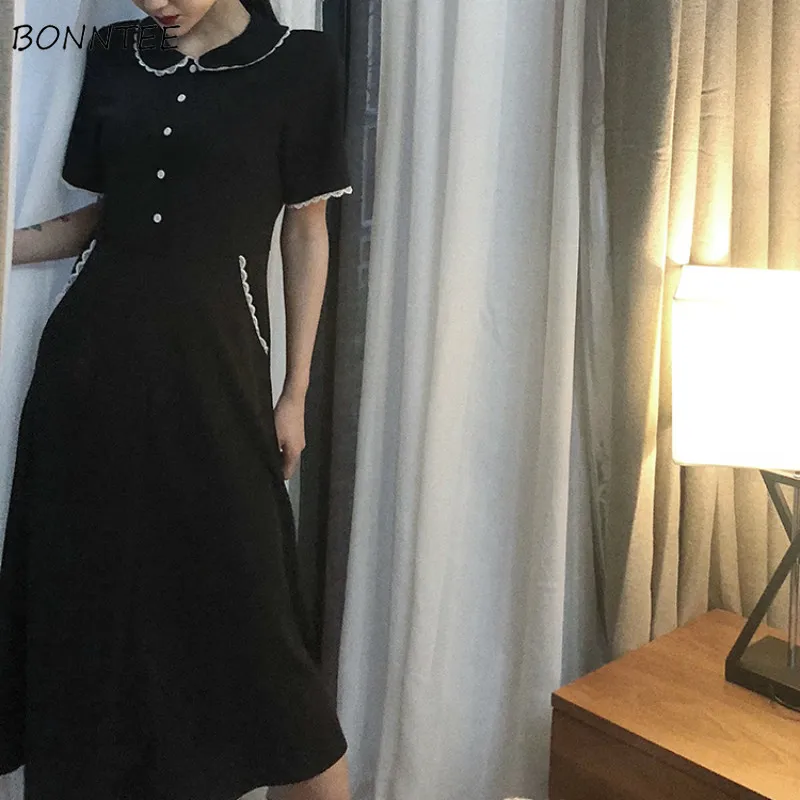 

Dress Women Patchwork Turn-Down Collar All-match Retro High Quality Slim Womens Summer Korean Style Female Short Sleeve Clothing