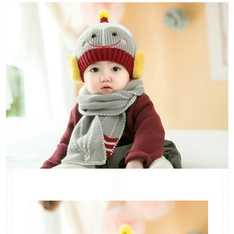 1-3Years детская осенне-зимняя теплая детская Вязание шерстяная шапка, защищающая уши комплект шапки и шарфа, симпатичная детская одежда со смайликами 2 предмета головная повязка, комплект