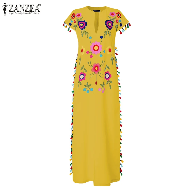 ZANZEA Plus Size Bohemian Floral Printed Sundress Women Summer Short Sleeve Split Hem Long Vestido Robe Casual Tassels Dress