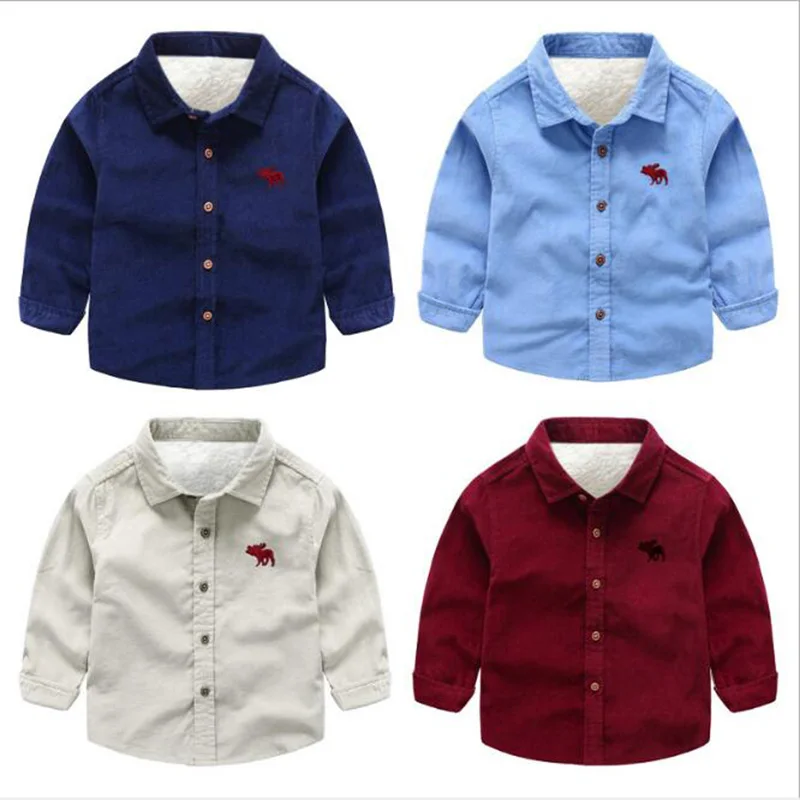 Зимние Утепленные рубашки для мальчиков, повседневные рубашки из хлопка и шерсти для маленьких мальчиков модная Милая одежда с длинными рукавами для детей возрастом от 3 до 9 лет