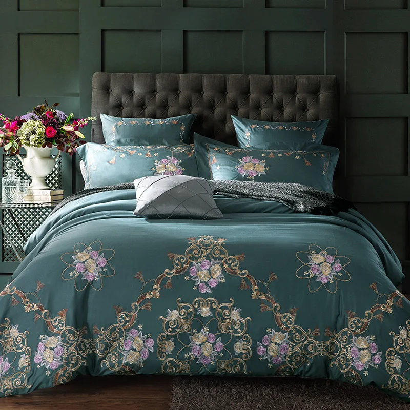

Svetanya Floral Embroidered Bedlinen Egyptian Cotton Bedding Sets Queen King Size flat Bedsheet Pillowcases Duvet Cover Set
