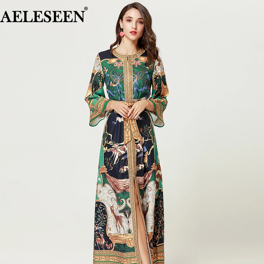 AELESEEN, винтажное подиумное платье XXL, с принтом,, осенняя мода, полный рукав, пояс, животное, мусульманское, с принтом, длинное, элегантное, свободное платье