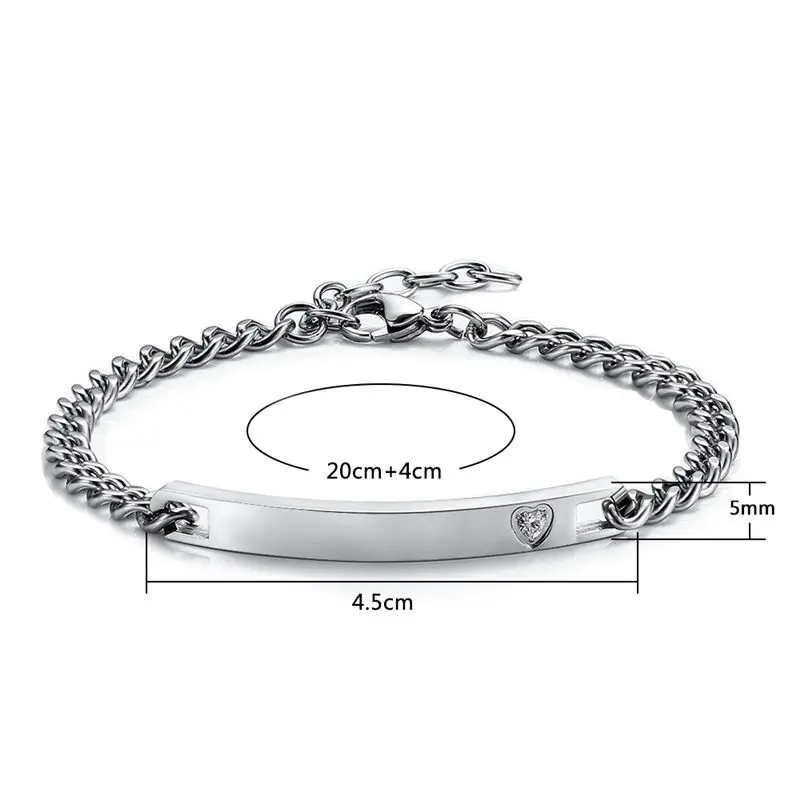 V.YA Personalized Name Stainless Steel Bracelets For Women Men ID Bracelets Inset Zircon Stone Lover Couple Jewelry Bangles Gift