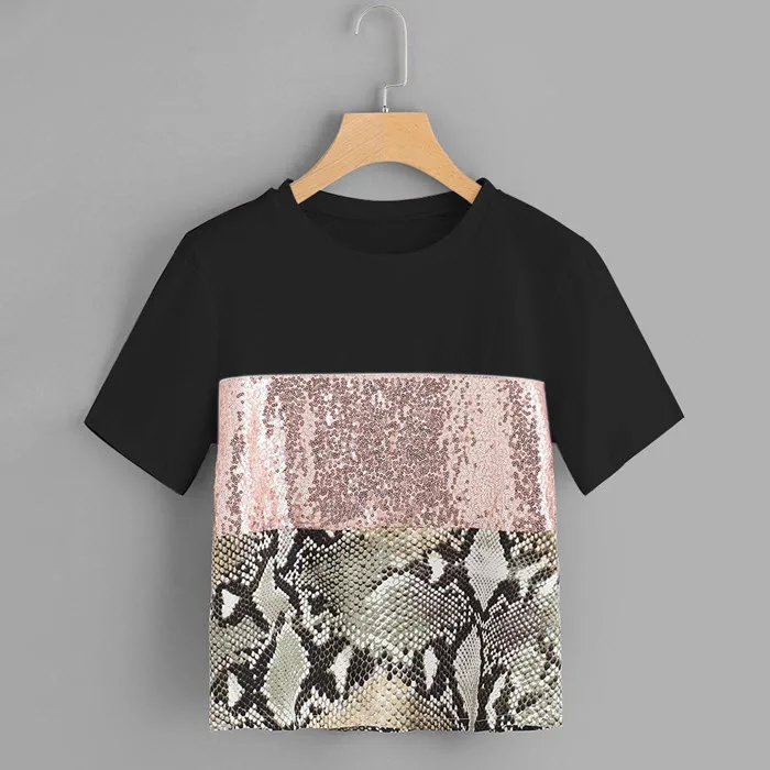 black Футболка женская camiseta mujer животных печати большие размеры Pacthwork змея блесток Футболка femme camisas летние топы уличная одежда - Цвет: black