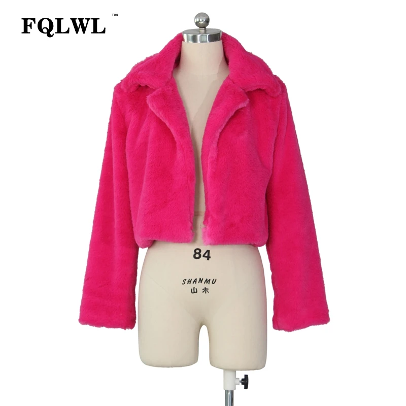 FQLWL Fluffy Faux Fur Coats Women Solid Furry Teddy Turn Down Collar Cropped Jacket Fur Female Overcoat Winter Warm Outerwear - Цвет: Розовый