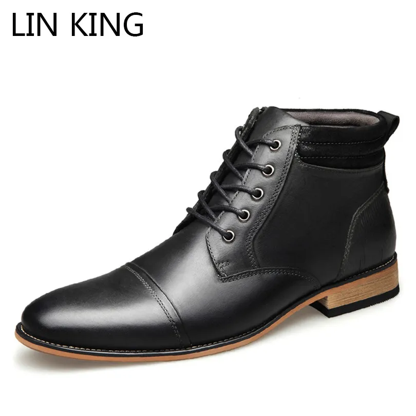 LIN KING/высококачественные мужские ботинки из натуральной кожи; сезон весна-осень; модные мужские ботинки на шнуровке; мужские ботинки на молнии; Botas; большие размеры