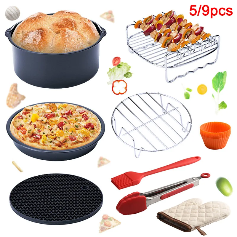 

5 Pcs/9pcs Set Air Fryer Pan Kit Electric Deep Fryer with Baking Basket Pizza Plate Grill Pot HY99 NO28