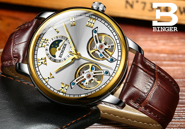 2018 Новое поступление мужские часы люксовый бренд Бингер сапфира водостойкий toubillon полный стали Механические часы B-8607M-3