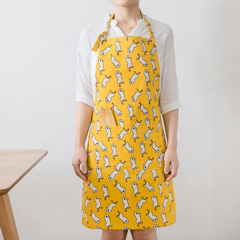Print Cotton Linen Women Aprons Kitchen Restaurant Cooking Waist Aprons with Pocket Work Apron