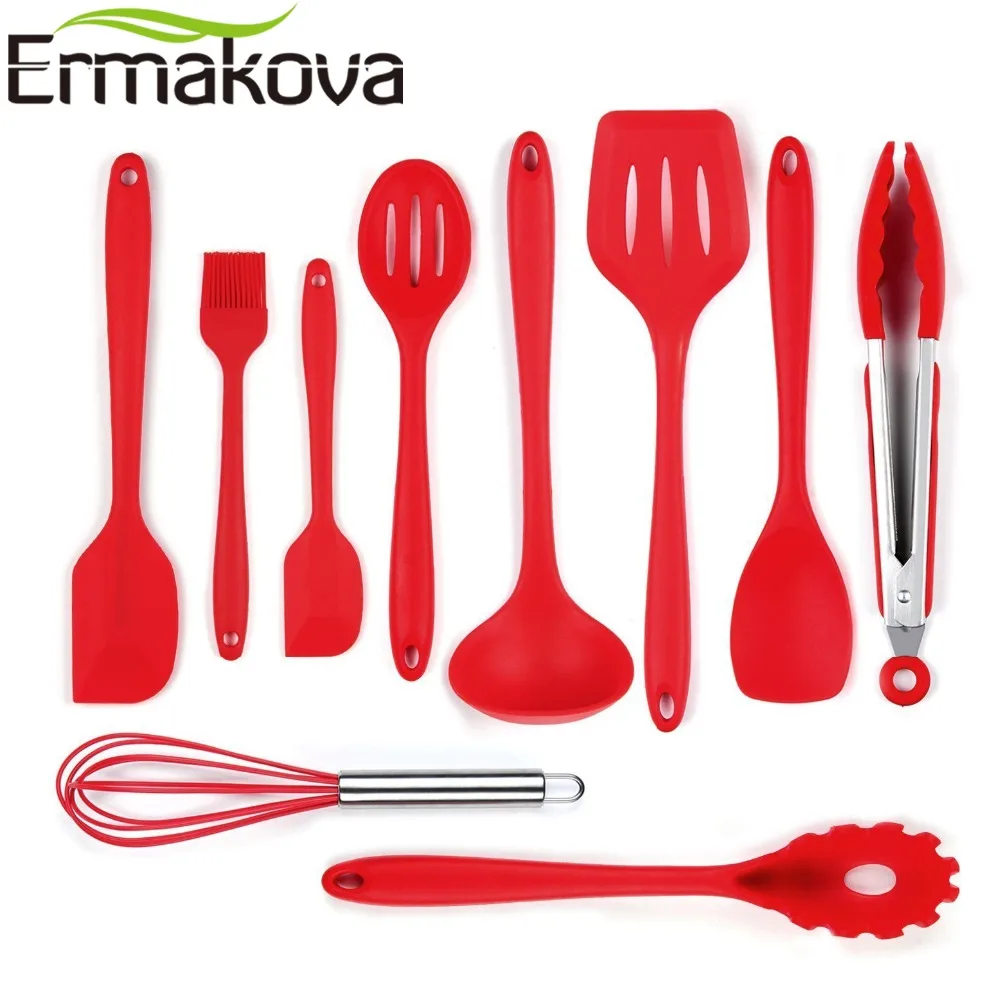 ERMAKOVA Silicone Pasta Fork Turner Spatula Ladle Cooking Spoon Stainless Steel Handle Kitchen Cooking Utensil Set ERMAKOVA Silicone Pasta Fork Turner Spatula Ladle Cooking Spoon Stainless Steel Handle Kitchen Cooking Utensil Set