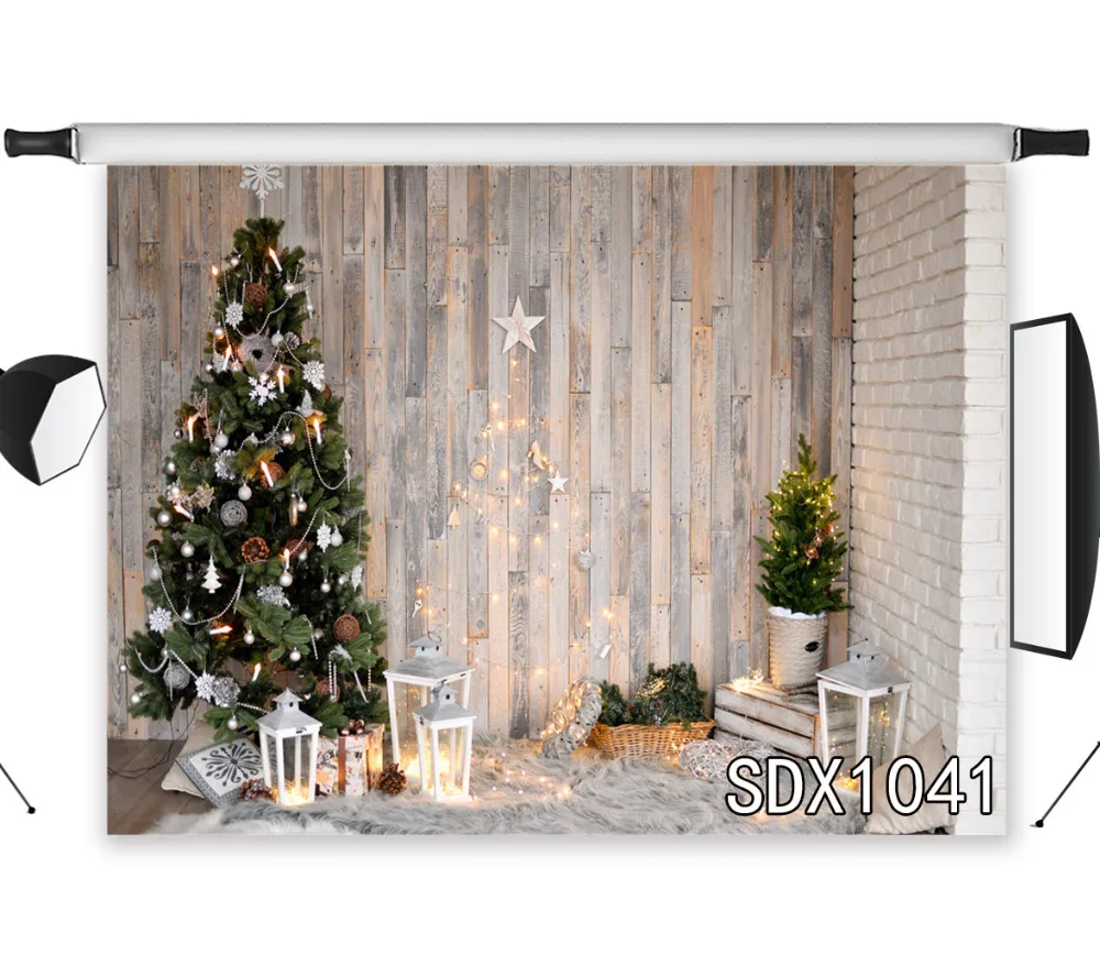 

LB Vinyl Photography Backdrop Props XMAS Tree Star and String Lights Decor on Wooden Wall Studio Photo Wood Board Background