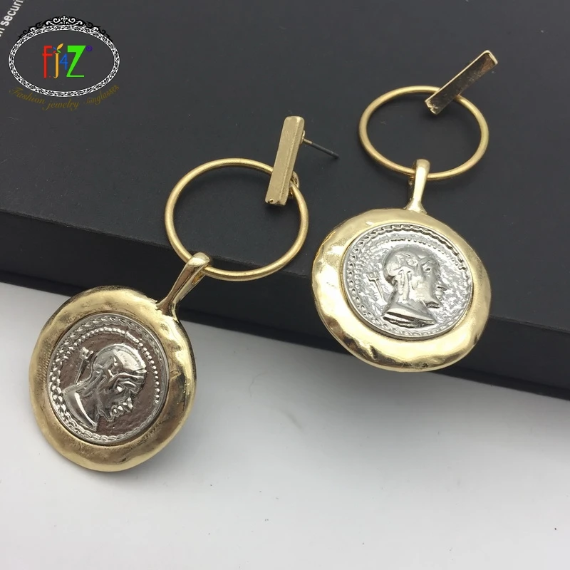 

F.J4Z Vintage Retro Ethnic Coin Pendant Earrings Alloy Chic Earrings for Women Statement Jewelry pendientes mujer