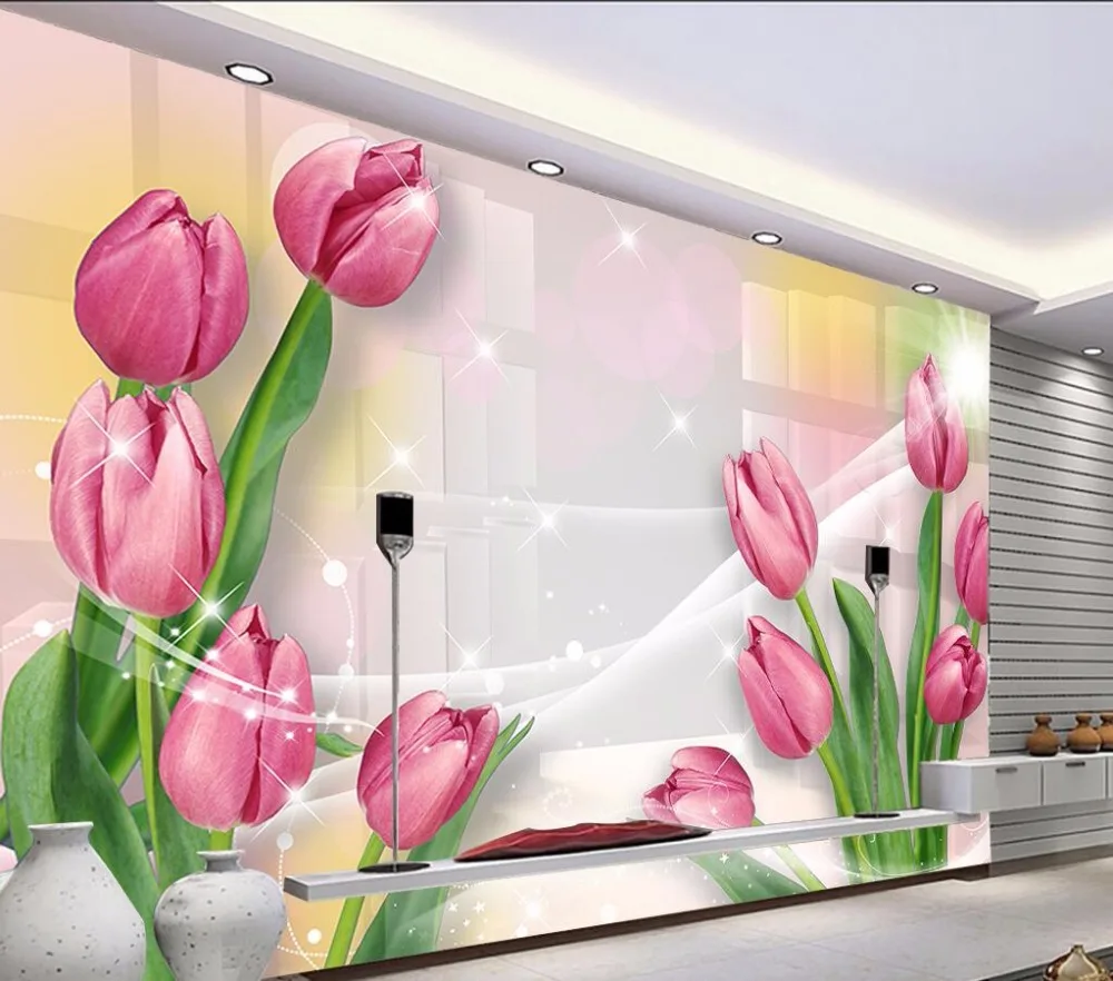 Custom Mural Foto 3D  Wallpaper  Merah Terang Tulip Dekorasi 