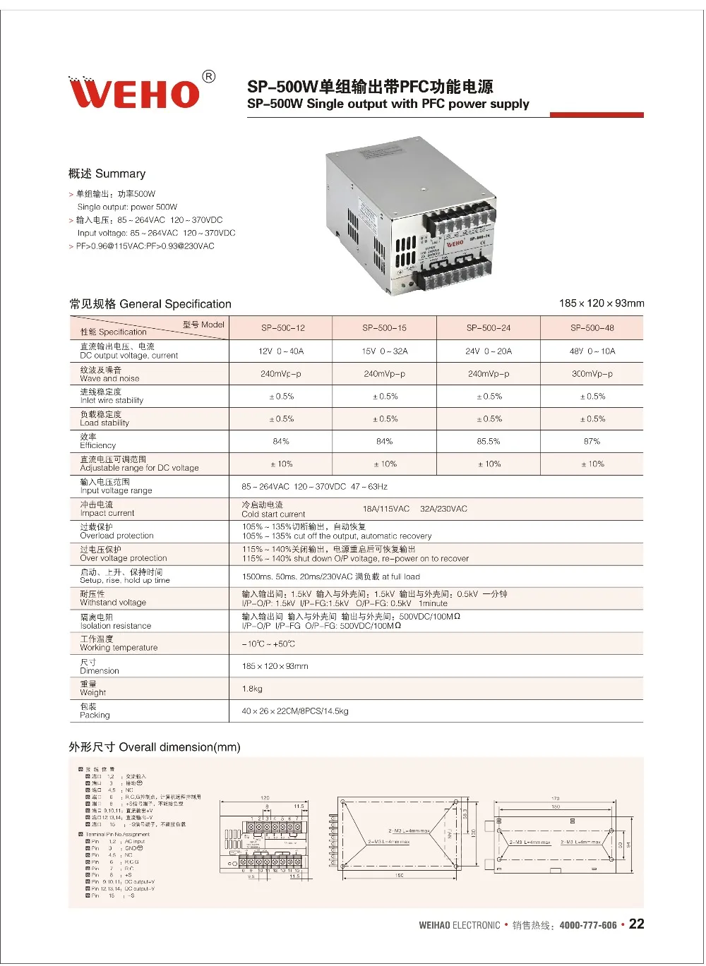 SP-500-15) 500 Вт 15VDC 32A импульсный источник питания с PFC Функция 85-264VAC вход