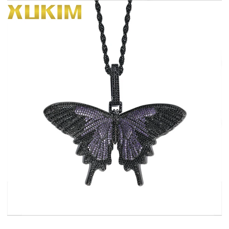 

PH049-B Xukim Jewelry Men Women Hip Hop Iced Out Colorful Silver Gold Butterfly Pendant Necklace
