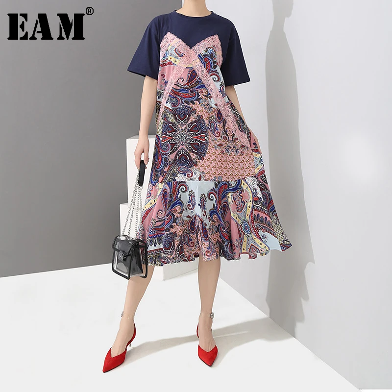 

[EAM] 2019 New Spring Summer Round Neck Short Sleeve Blue Hit Color Pattern Printed Loose Dress Women Fashion Tide JS968