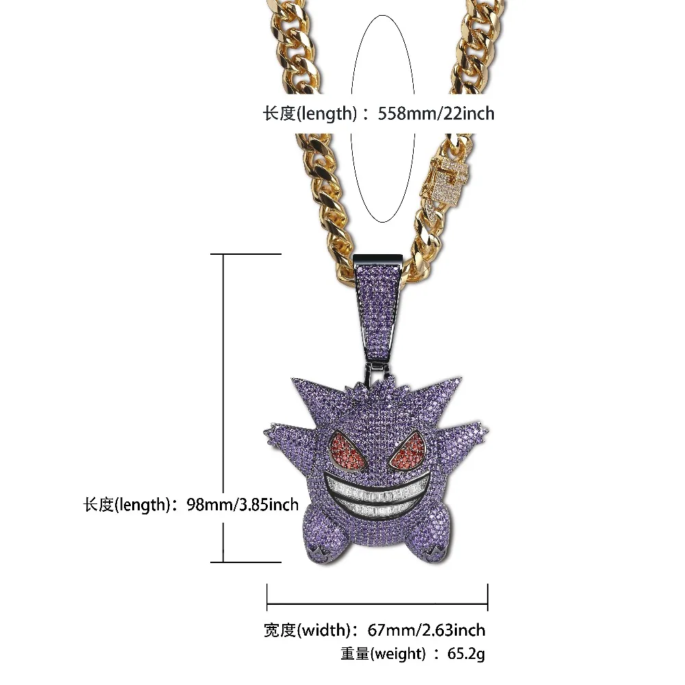 Супер большая подвеска Gengar Iced Out, мужское ожерелье с 12 мм кубинской цепочкой в стиле хип-хоп, персонализированные золотые серебряные подвески, ювелирные изделия