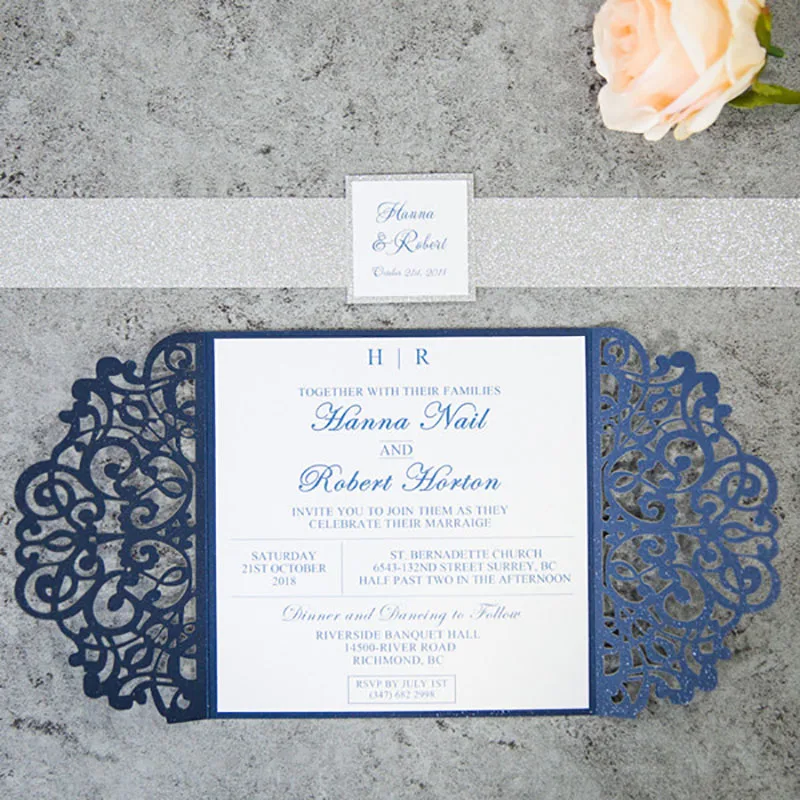 

100 Packs Design Flower Blue Invitaitons Cards For Wedding Blank Print Laser Cut Invitation Card RSVP Casamento Convite