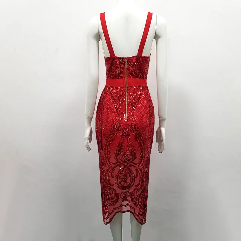 Новое летнее сексуальное красное зеленое платье-повязка до колена с блестками дизайнерское модное вечернее платье Vestido
