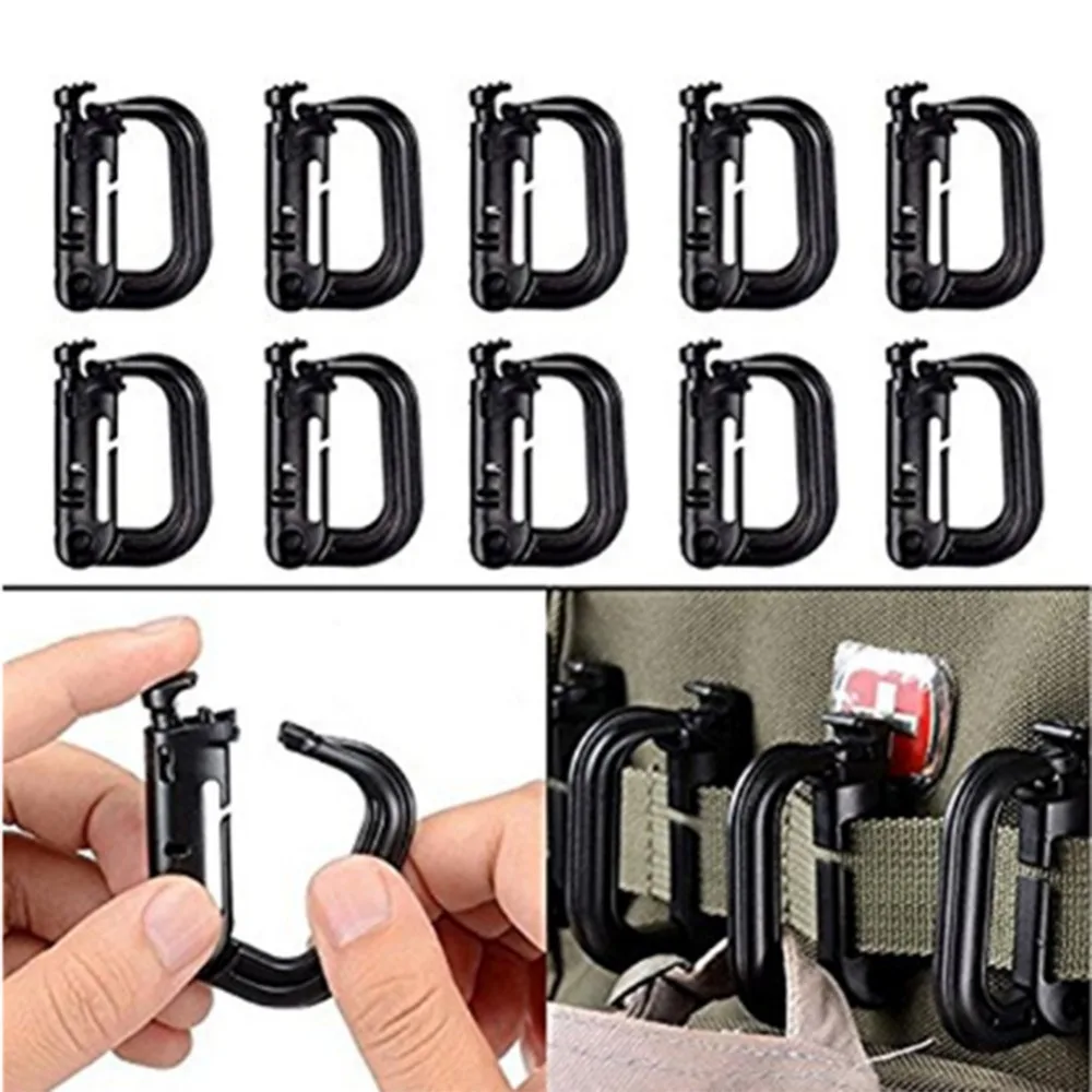 

10Pc Camping EDC Molle D-Ring Snap Shackle Key Ring Plastic Army locking Grimlock Tactical Backpack Hiking Travel carabiner Kits