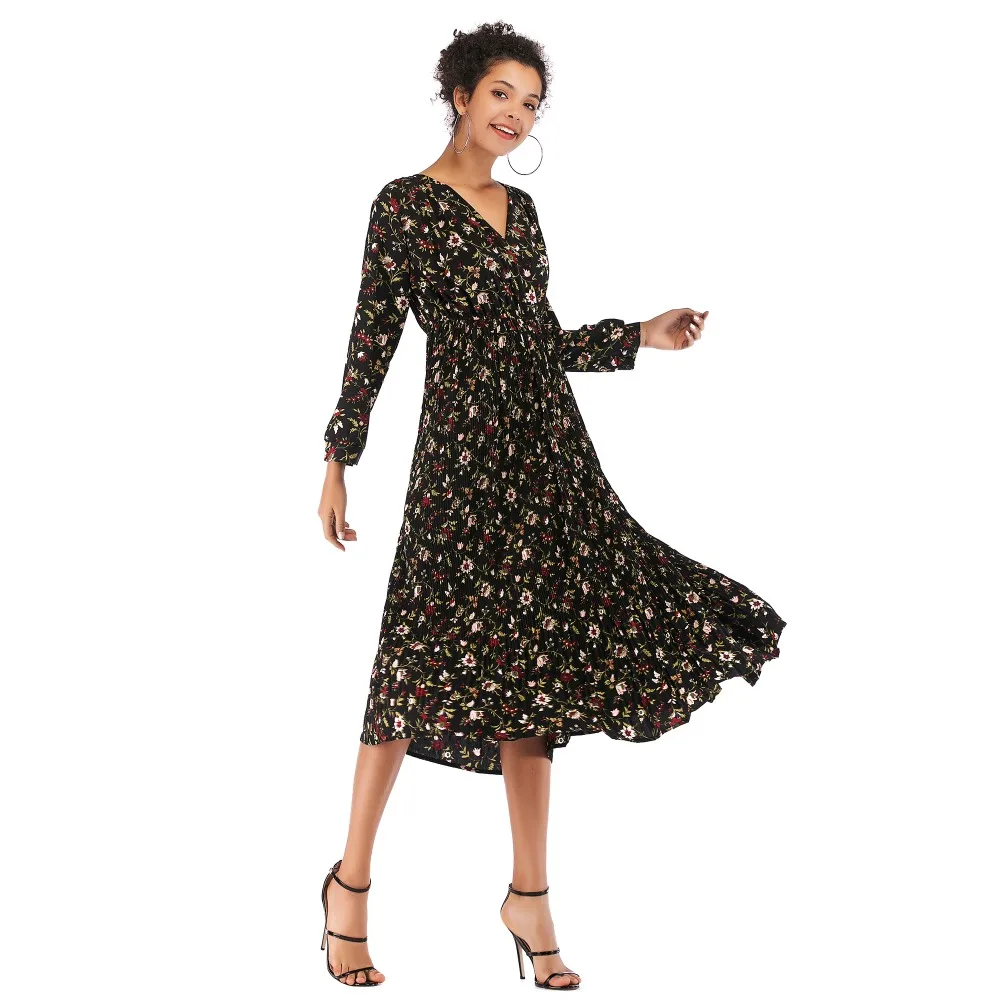 Spring Summer Dress 2019 Casual Long Dress Boho Floral Print Maxi Dress Fashion pleated V-neck slim long-sleeved chiffon Women's