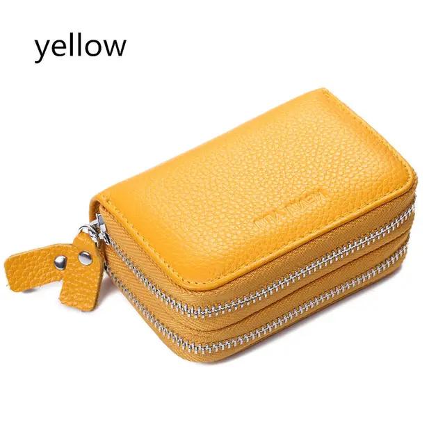 Fashion Women Card Holder Double Zipper Genuine Leather Wallet Credit Cards Case Bag yellow