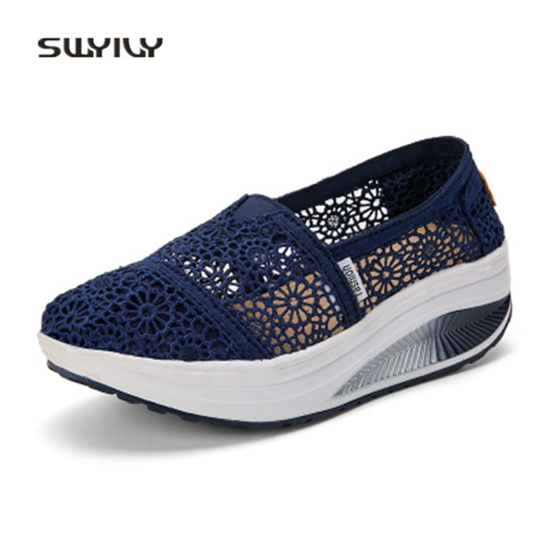 SWYIVY Women Swing Toning Shoes Lace Breathable Solid Color 2018 Summer Comfortable Canvas Shoes Female Soft Slimming Sneakers