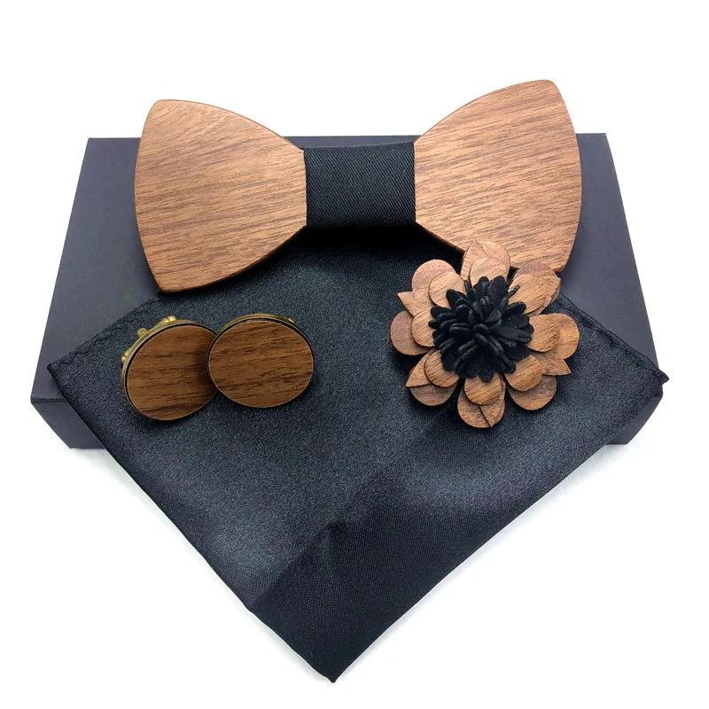 Для Мужчин дерево галстук-бабочка Запонки Комплект бренд бизнес деревянный галстук бабочка галстуки Запонки для свадьбы жених с брошью запонки - Цвет: set 7