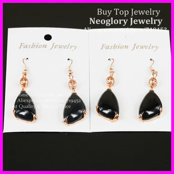 

5pair Nature Black Stone Gems Beads Earring Rose Gold Hook Dangle Ear Earring Gift Druzy Stone Earring