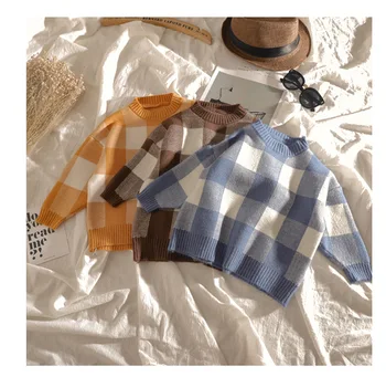 

Baby Girls Plaid Knitted Sweater Autumn Winter Cotton Children's Boys Cardigan Sweater Round Neck Outwear Infant Girls Clothing