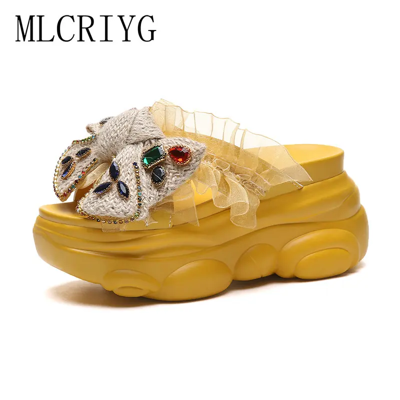 2019 г. Новые летние женские тапочки с бантом элегантные туфли на платформе 9 5 см