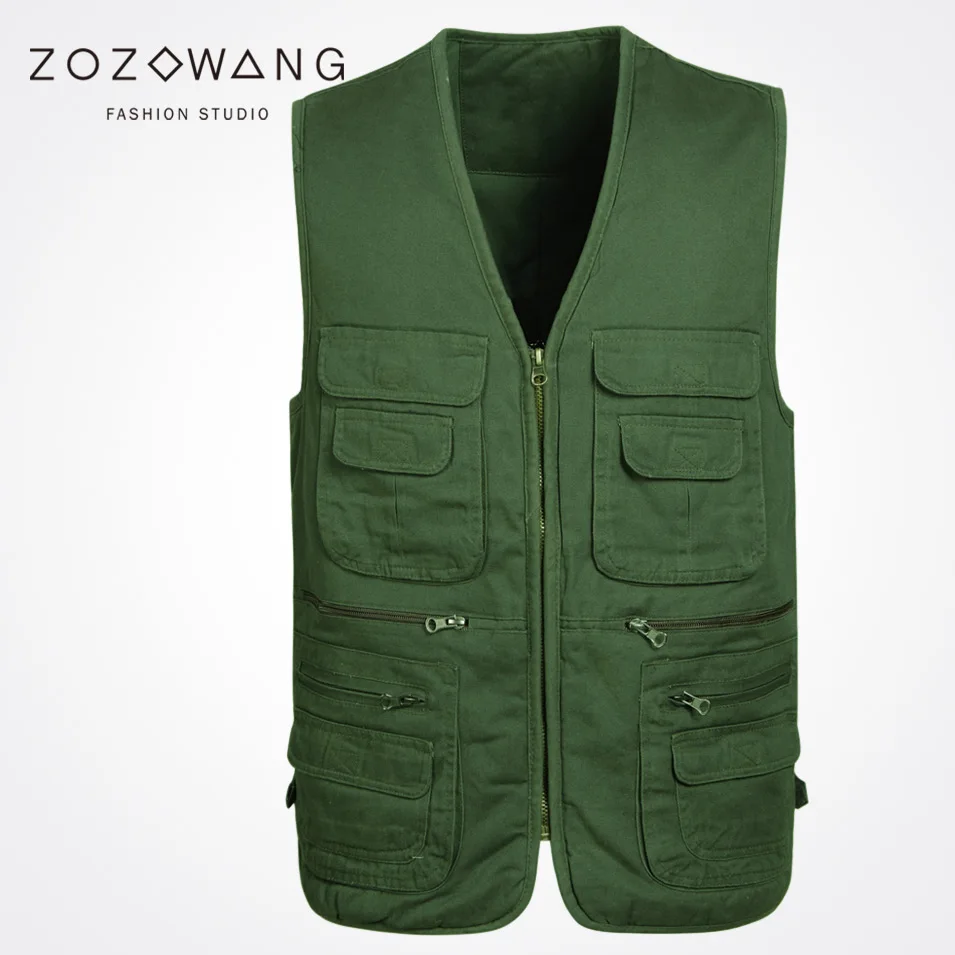 

Zozowang 2017 spring autumn solid V-Neck Multi-pocket zipper casual vest men loose plus size 3XL Khaki new waist coat men