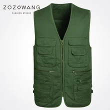 Zozowang 2017 spring autumn solid V-Neck Multi-pocket zipper casual vest men loose plus size 3XL Khaki new waist coat men