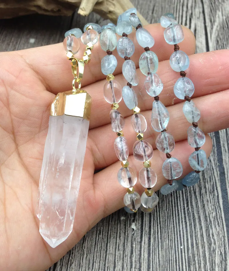 YA2975 кулон из природного кварца Aquamarines каменные самородки Beads Knot ручной работы