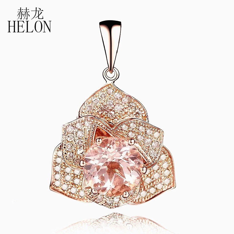 

HELON Solid 10k Rose Gold Flower 7mm Round Morganite Pave 0.3ct Natural Diamond Fine Pendant Elegant Diamonds Gemstone Pendant