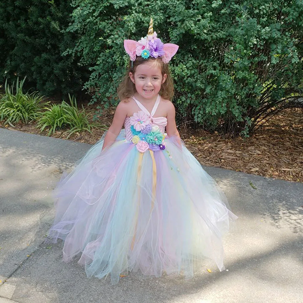 

2019 Flower Girls Unicorn Tutu Dress Pastel Rainbow Princess Girls Birthday Party Dress Children Kids Halloween Unicorn Costume