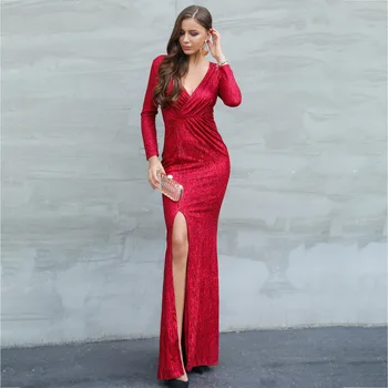 

4 Colors Elegant Dress Long Sleeve Fashion Women Night Club Celebrity Evening Party Dresses Sexy V-Neck Low Bosom Big Size