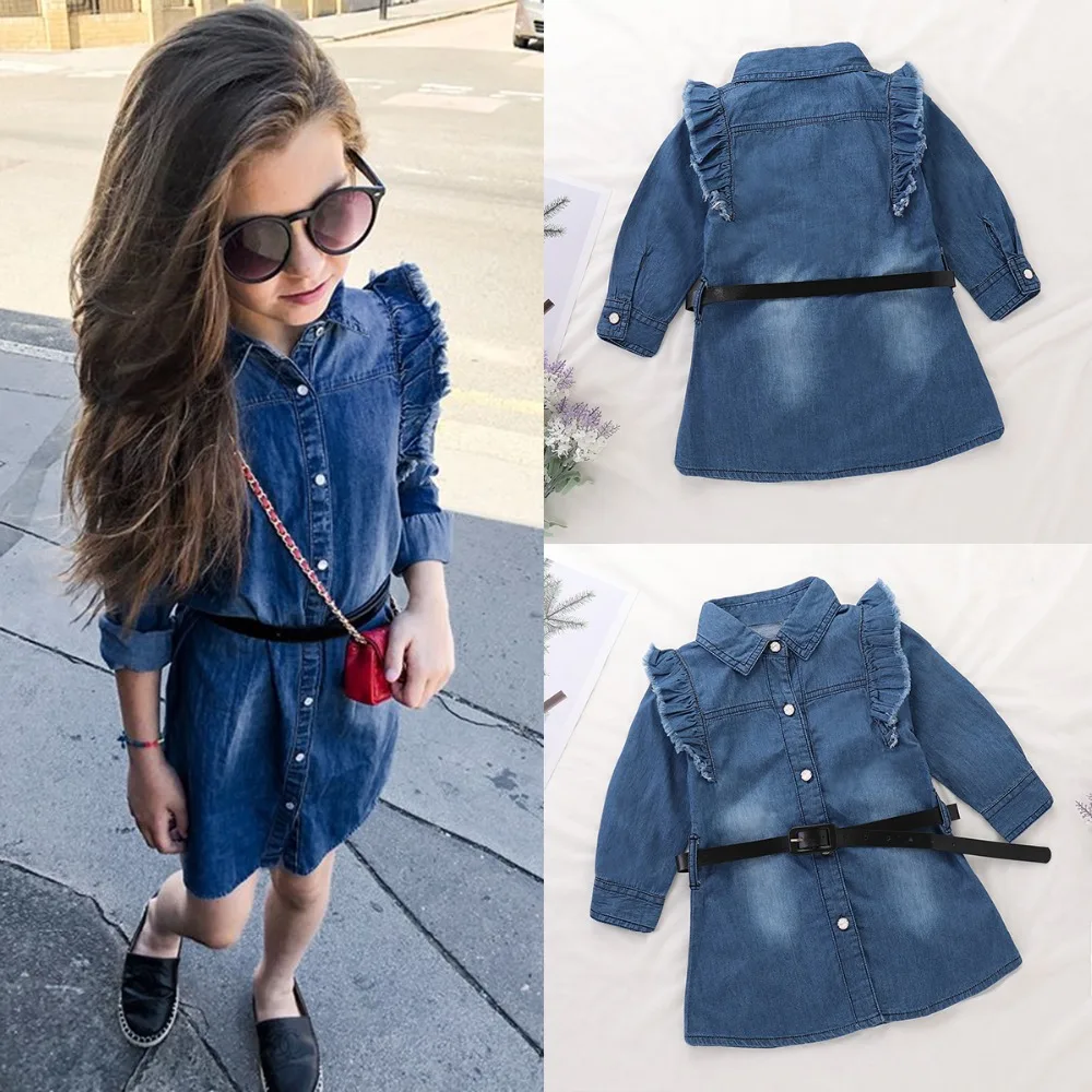 

Puseky Kid Girl Clothing Baby Denim Dress Ruffle Long Sleeve Sundress Children Cowboy Dresses with Belt Party Princess Outfits