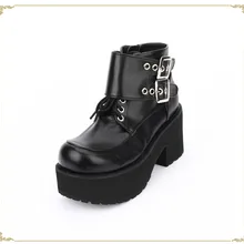 Милые туфли принцессы в стиле панк зимняя темная пряжка с круглым носком, на шнуровке, на толстой рифленой подошве, обувь на высоком каблуке, pu8848